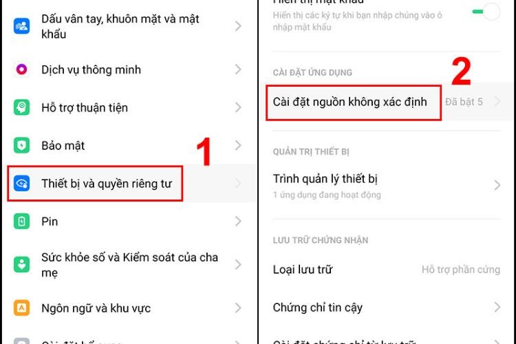 Bật cho phép ứng dụng không rõ nguồn gốc